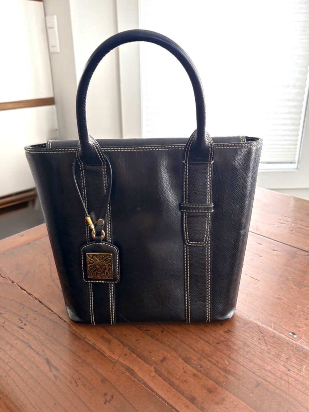 Anne Klein Vintage Lion Logo Charm Tote Bag Black Faux Leather